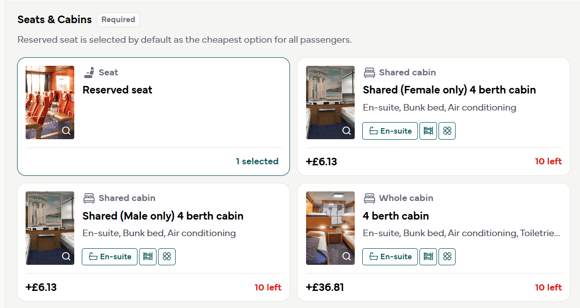 Selecting seats and cabins