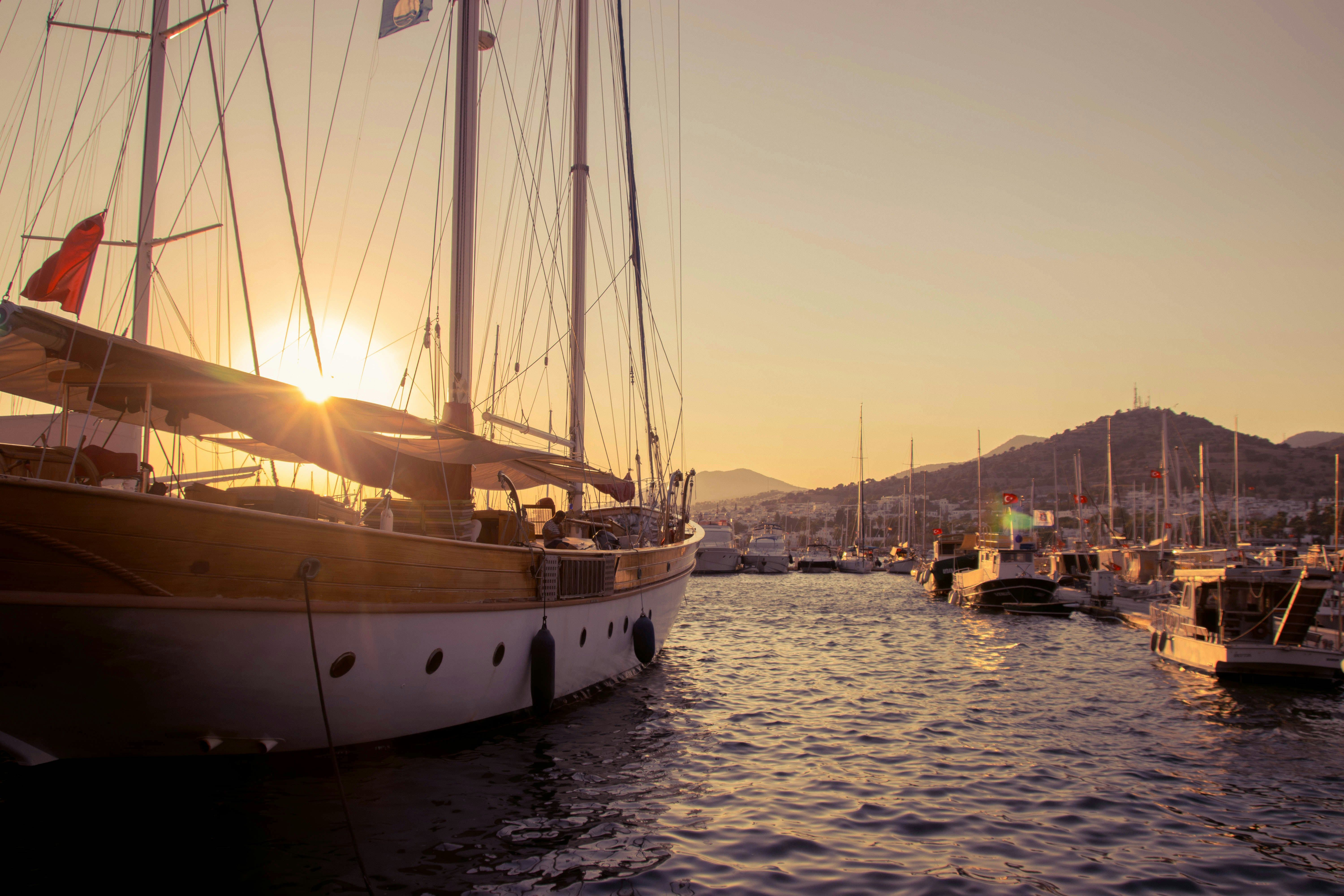 boats docked in Bodrum marina at sunset