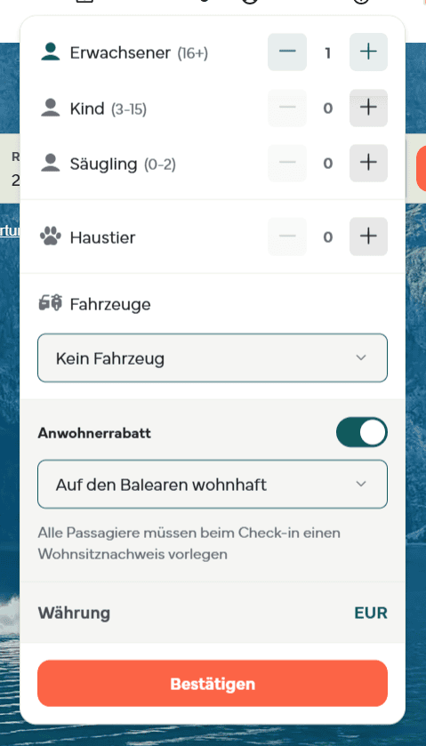 Das Fenster für Fahrgäste und Fahrzeuge mit aktiviertem Anwohnerrabatt und der Auswahl Auf den Balearen wohnhaft sowie dem Hinweis auf den Wohnsitznachweis