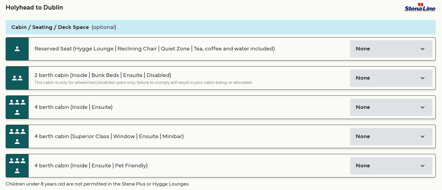holyhead to dublin seating and cabin options