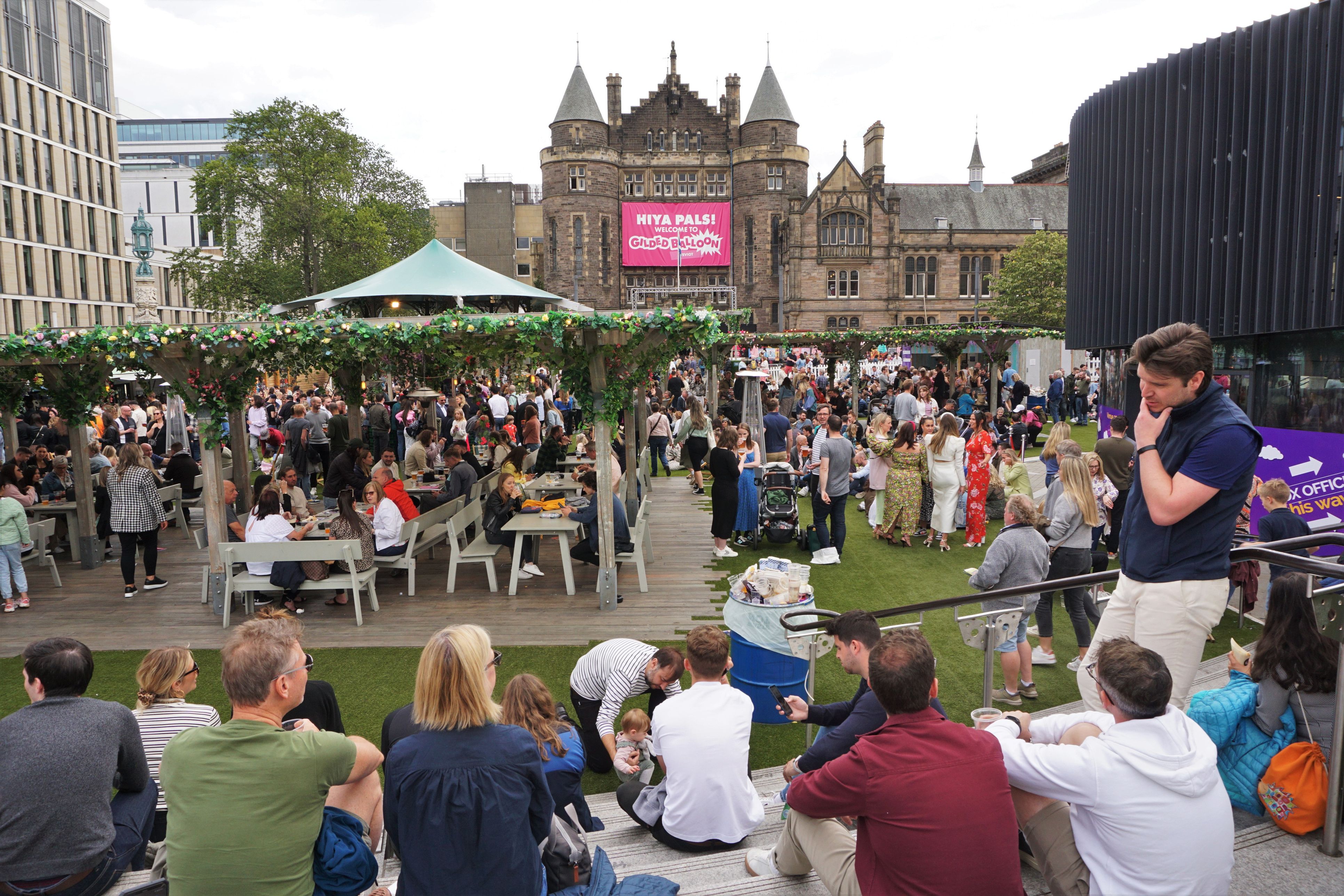 crowds of people at bar pop-ups during Edinburgh Festival Fringe