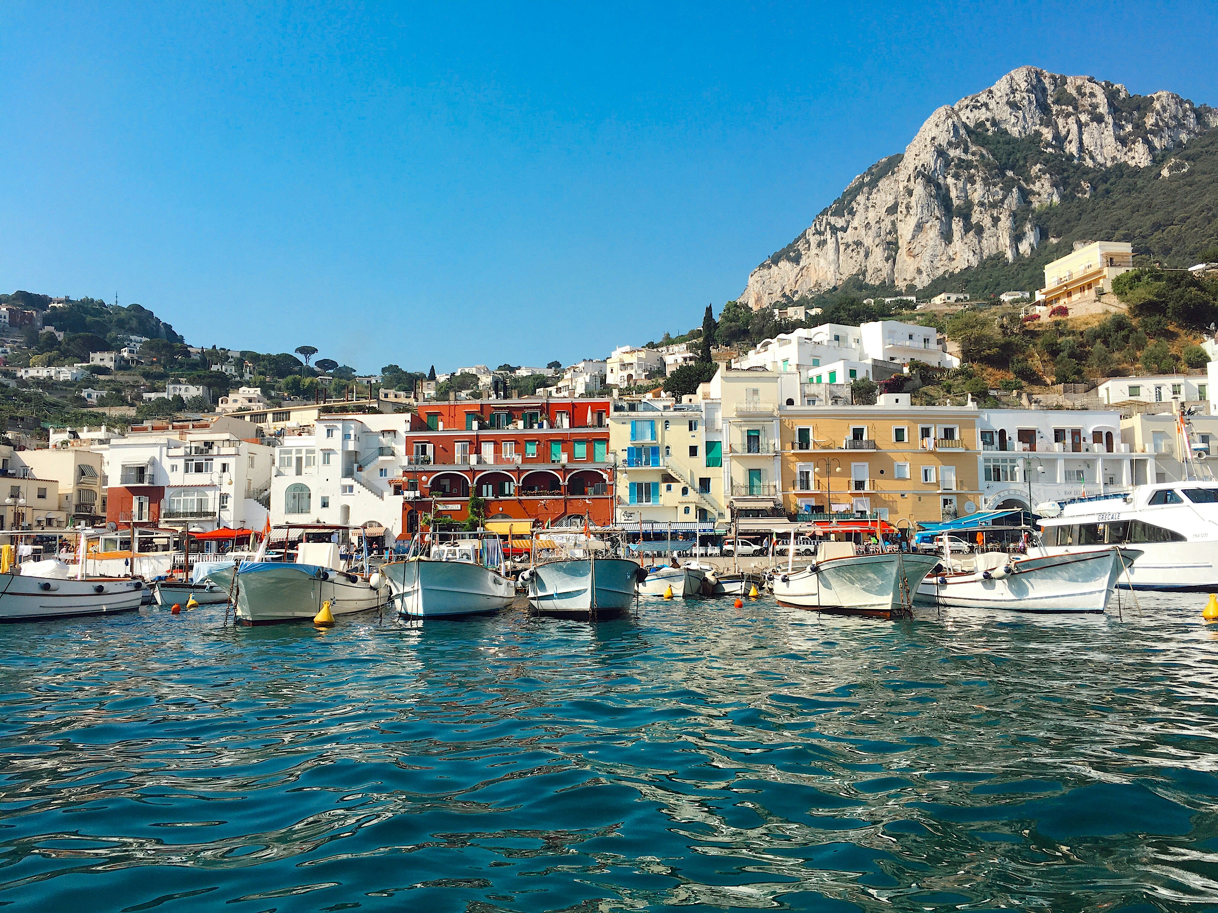 boats docked next to a row of colourful buildings