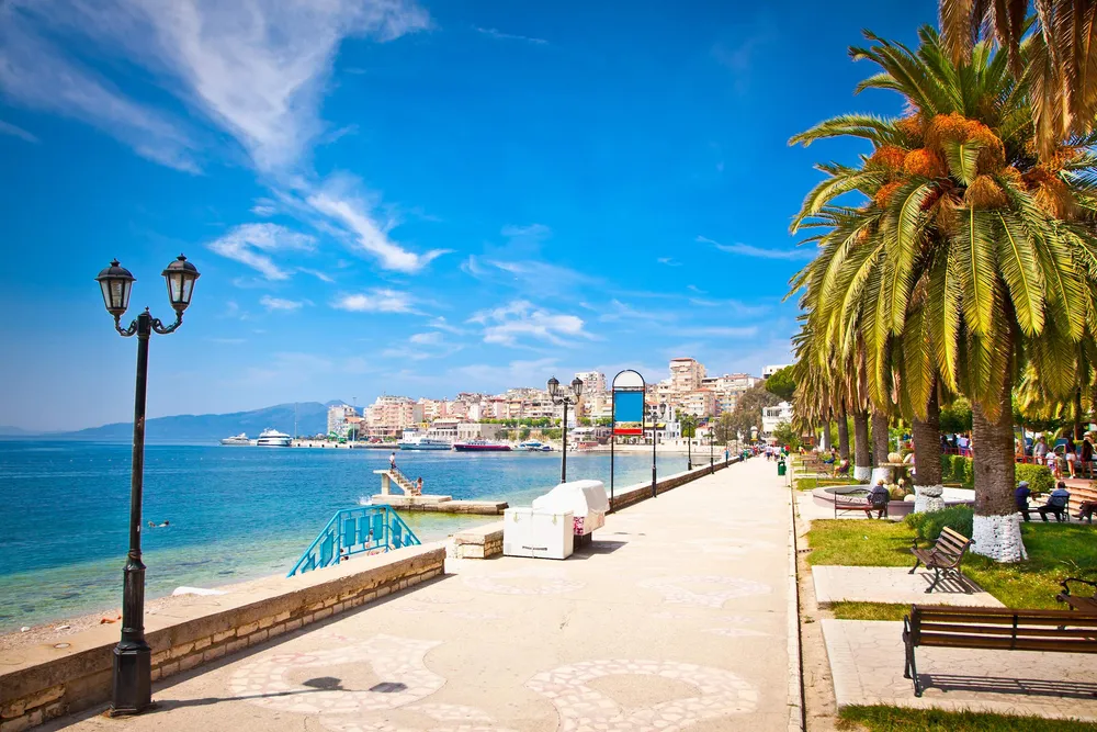 waterfront of Saranda lined with palm trees