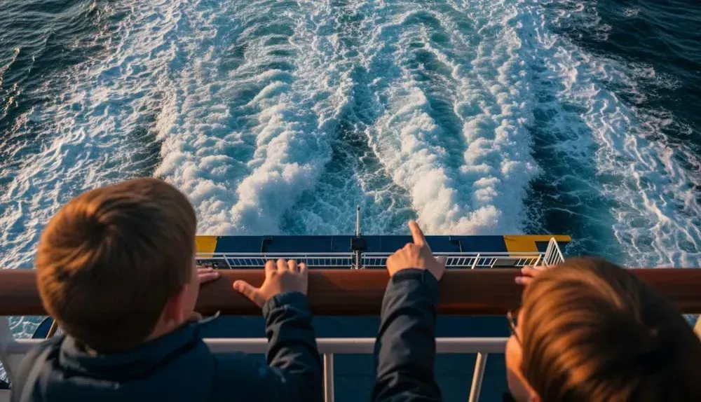 Twee kleine jongens staan ​​achter op een veerboot en kijken naar het kabbelende water dat erachteraan stroomt. Een van de jongens wijst met zijn linkerwijsvinger naar de zee.