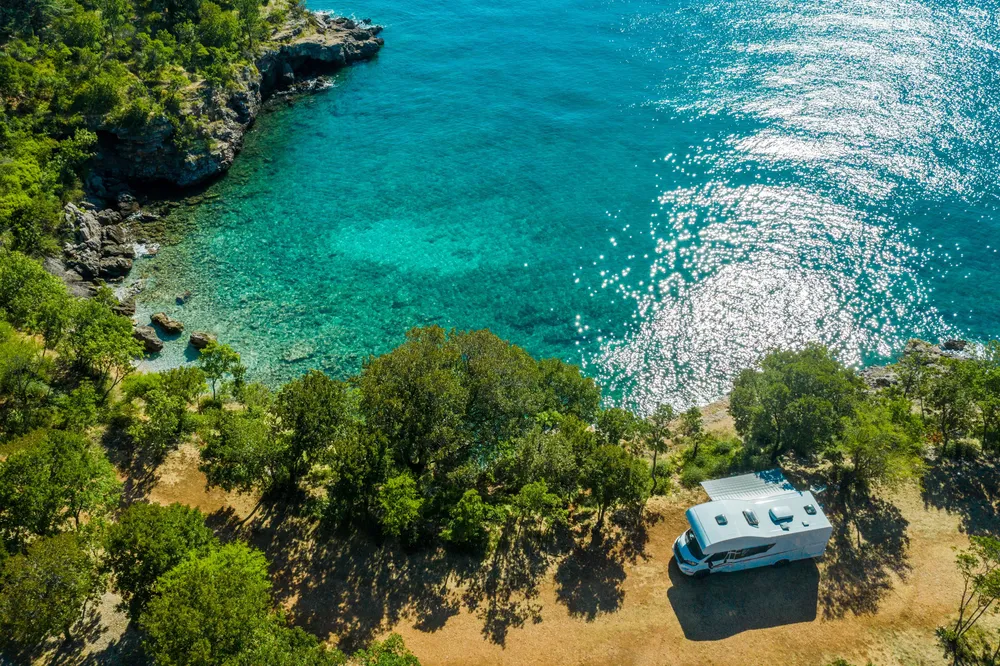 lush greenery next to glistening turquoise waters