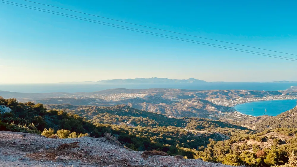 aerial view of a bay surrounded by mountains in Kos