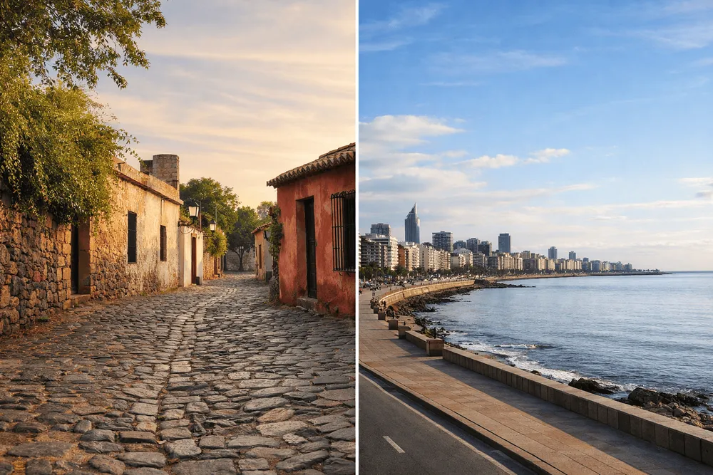 Imagen comparativa con escenarios de colonia del sacramento a la izquierda y montevideo a la derecha