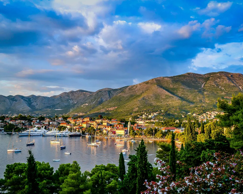 Cavtat harbour with mountains behind