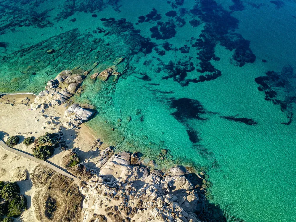 aerial view of a rocky bay in Naxos