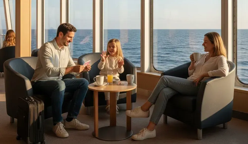 Een man, een vrouw en een klein meisje zitten in comfortabele fauteuils aan een kleine ronde tafel en genieten van hun ontbijt aan boord van een veerboot. Direct achter hen bieden grote ramen uitzicht op de open zee.