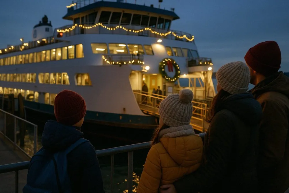 Familia con niños embarcando en un ferry decorado con luces navideñas en el puerto durante la Navidad