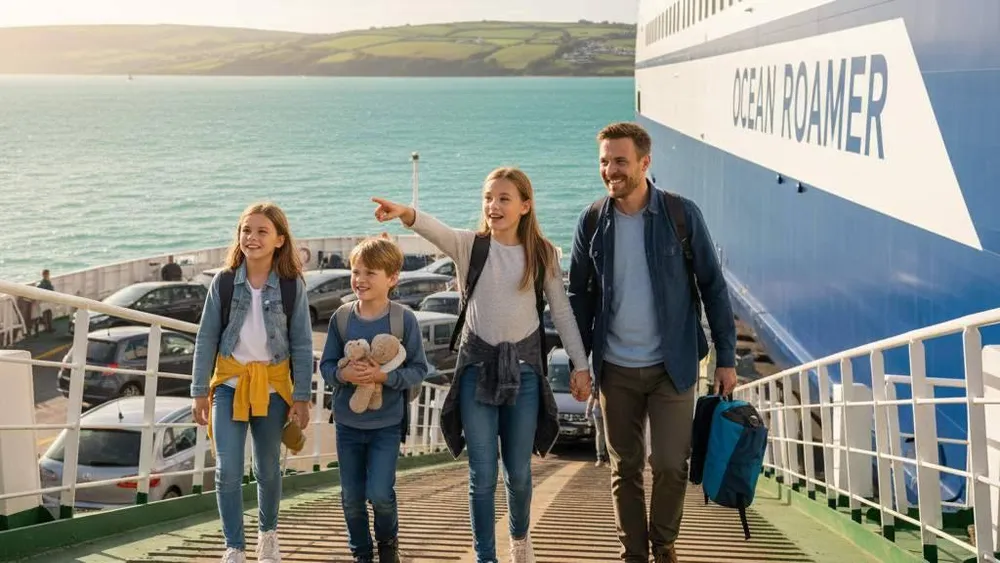 Familia feliz subiendo a un ferry con un niño señalando el horizonte y el mar brillante de fondo.