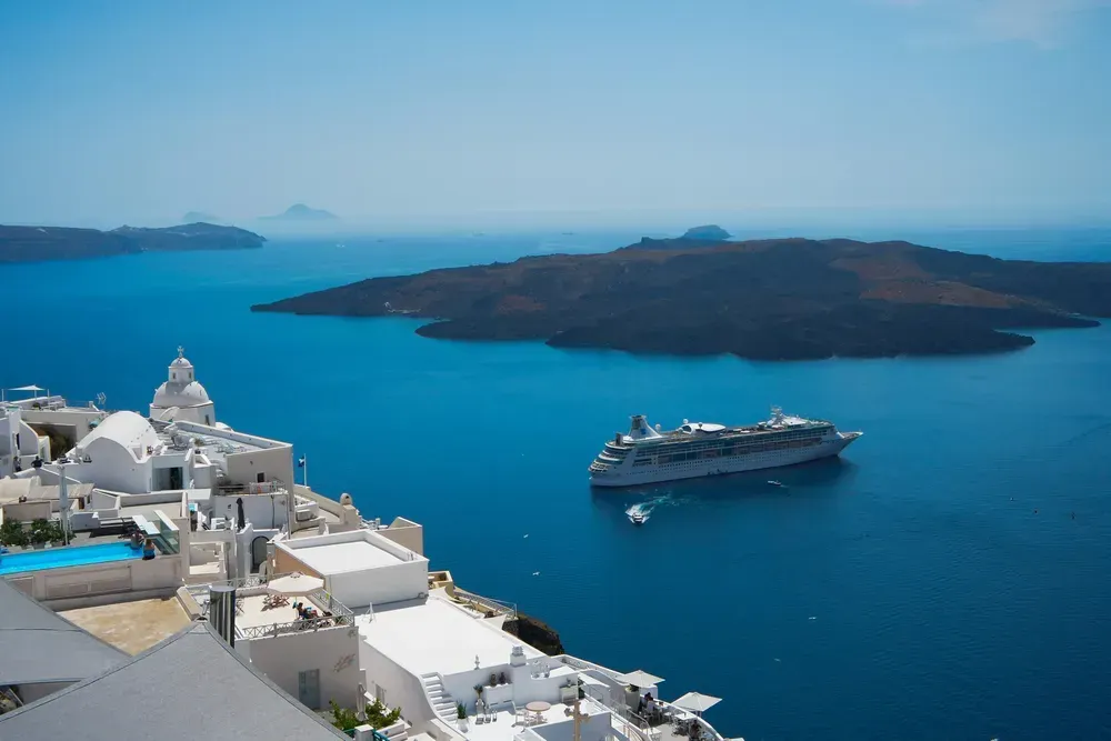 ferry by the caldera off the coast of Santorini