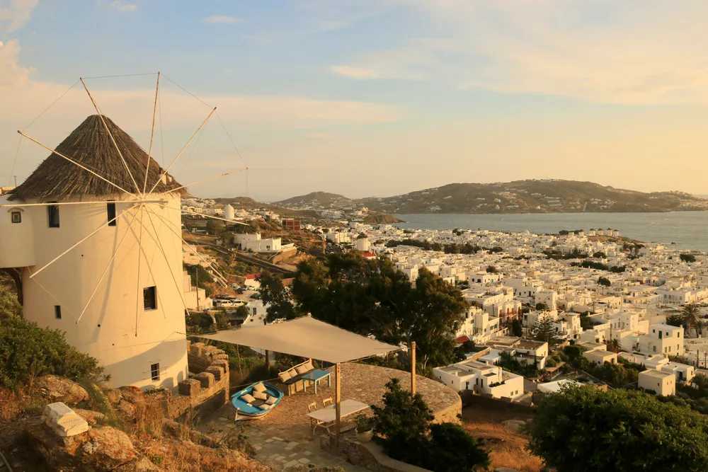 windmill on a hill overlooking Mykonos town