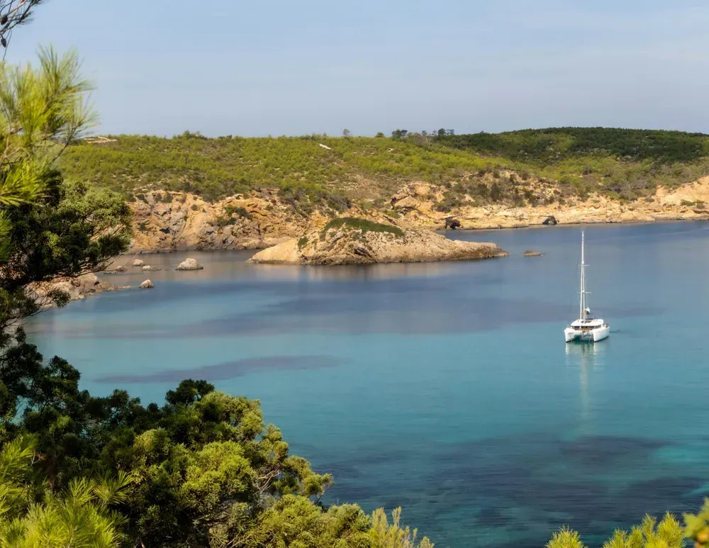 boat in turquoise waters surrounded by lush greenery