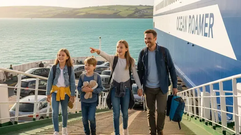 Een gezin (een man, twee meisjes en een jongen) loopt van boord van een veerboot. Ze kijken allemaal dezelfde kant op en een van de meisjes wijst enthousiast ergens naar.