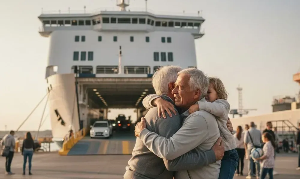Twee oudere mannen en een peuter omhelzen elkaar. Op de achtergrond stappen voetgangers en passagiers met auto's van een grote veerboot af.