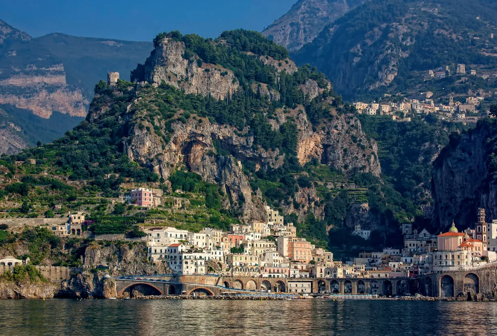 Amalfi town at the bottom of a cliff