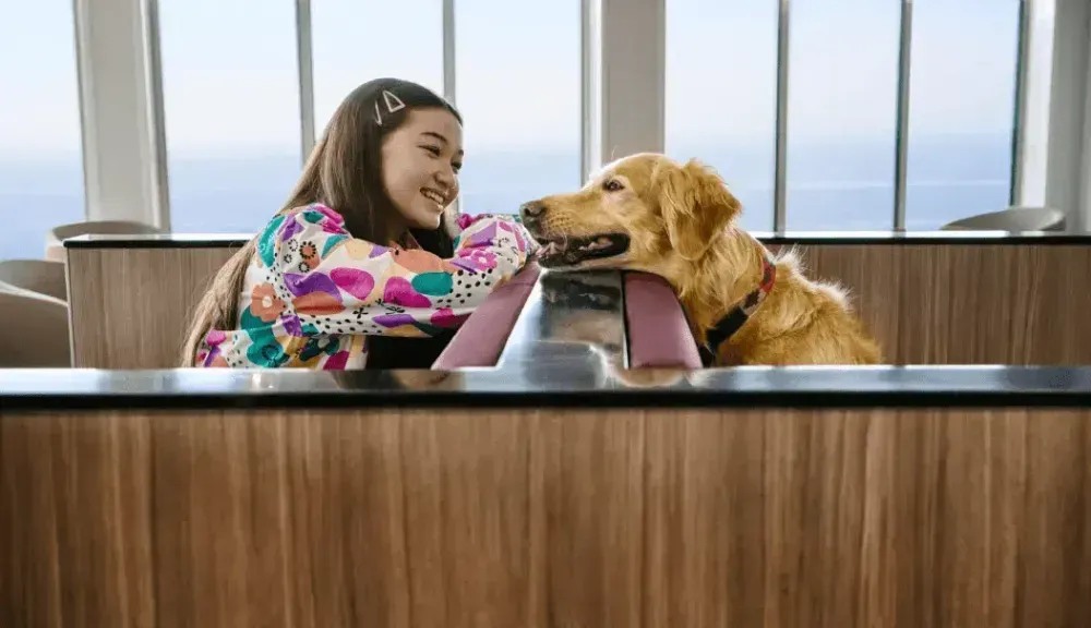 Een meisje zit in het interieur van een veerboot in een zithoek. Aan de andere kant van de rugleuning zit een hond.