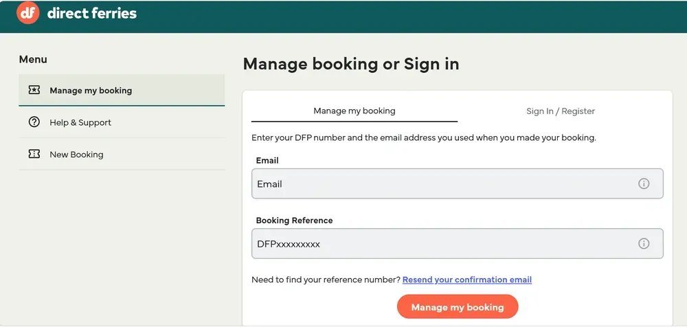 manage booking section on direct ferries website