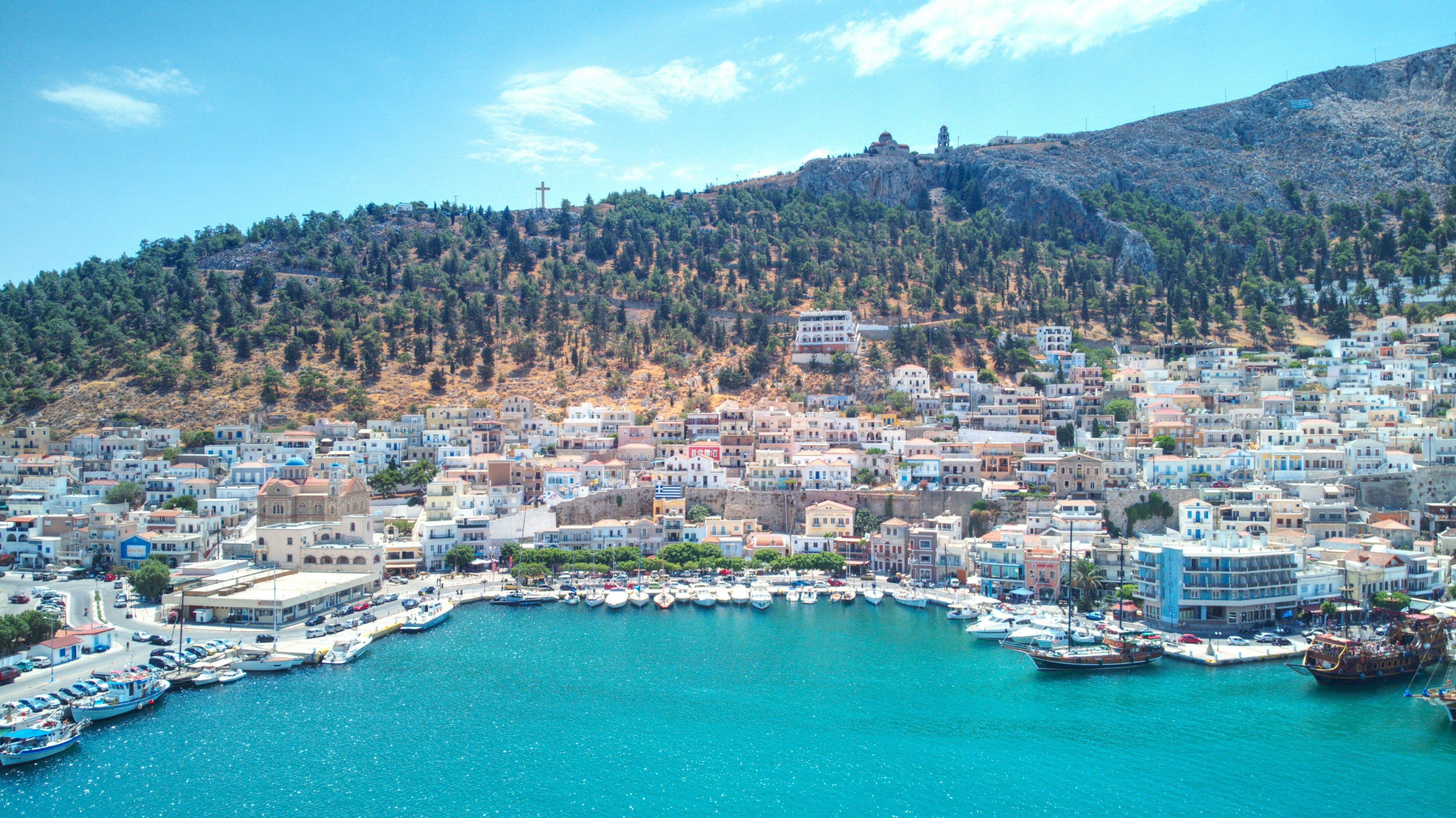 harbour with Kalymnos town and hills behind