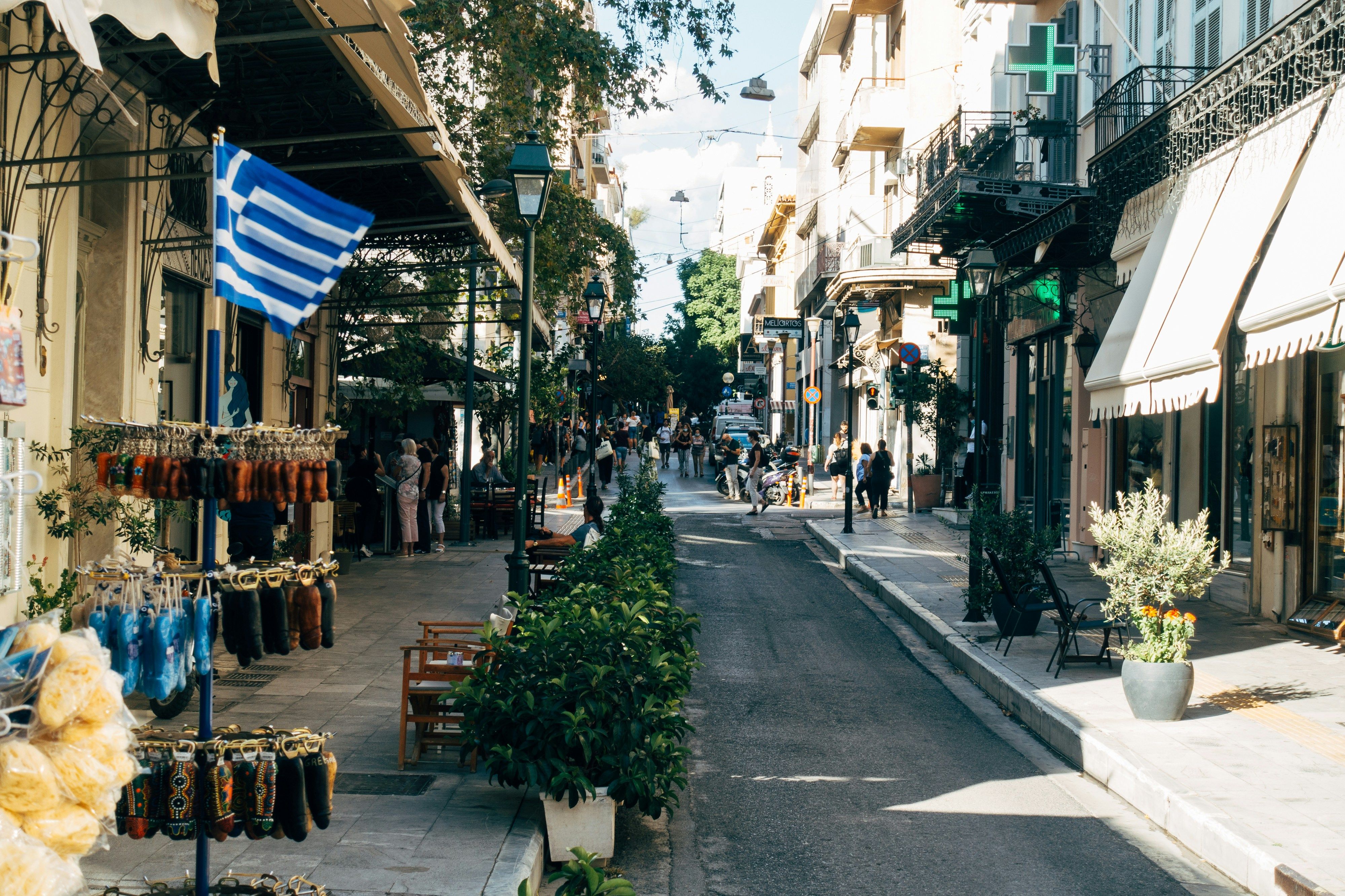 shops lining a street in Athens