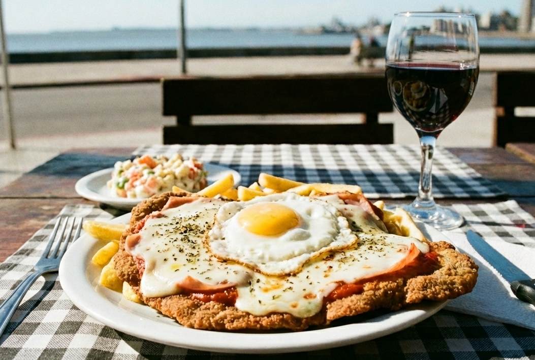 Milanesa con huevo y patatas fritas servida en una terraza junto al río en Montevideo