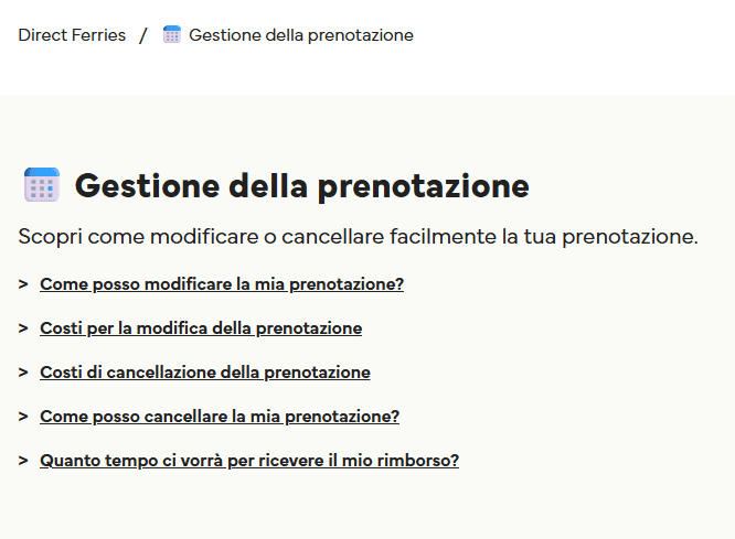la sezione Gestione della prenotazione del centro assistenza, con gli articoli su modifiche, cancellazioni e rimborsi