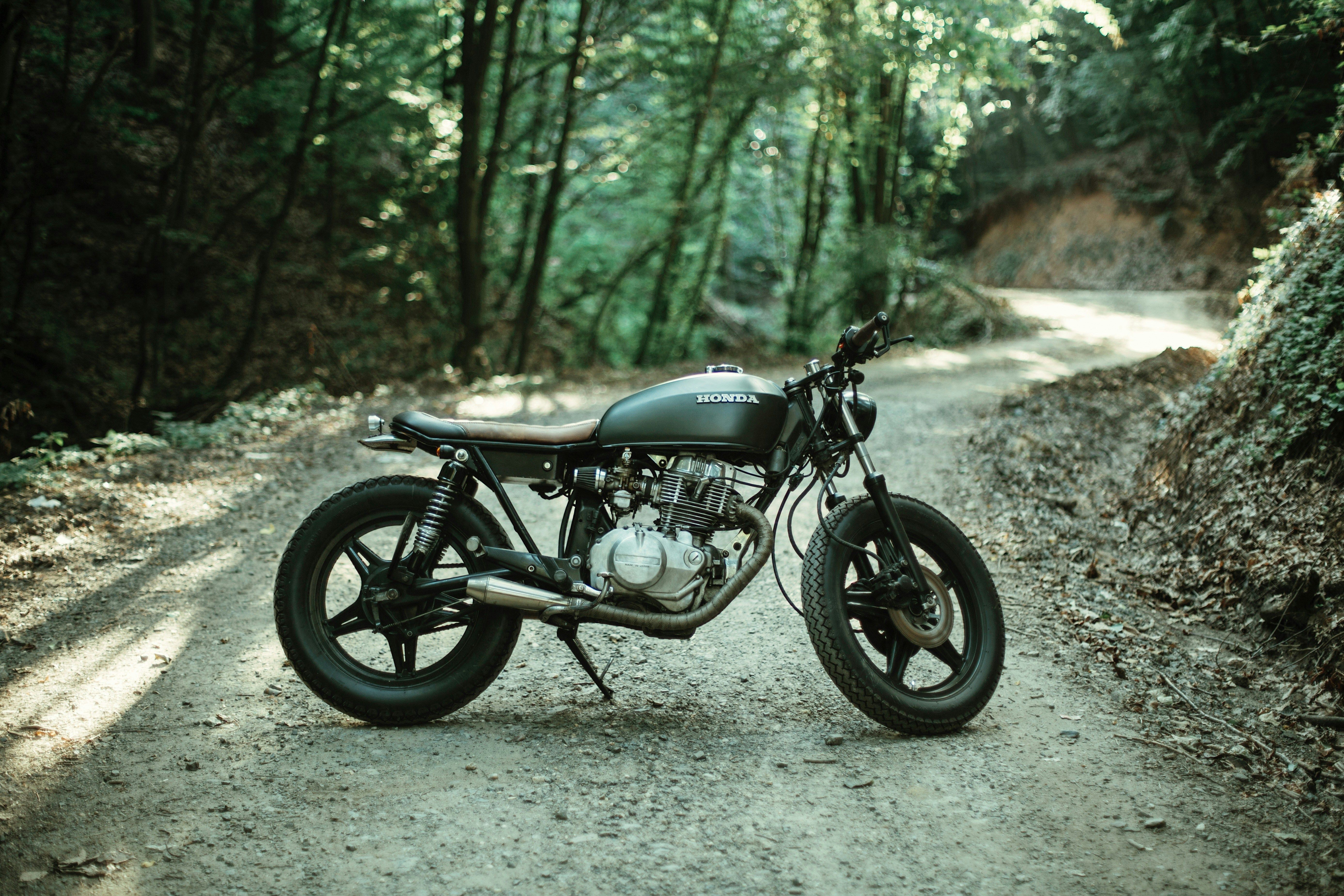 moto noire sur chemin de foret