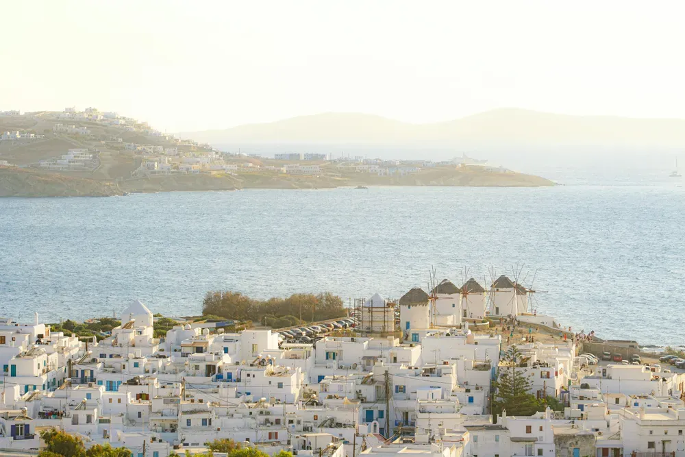 whitewashed buildings of Mykonos by the sea
