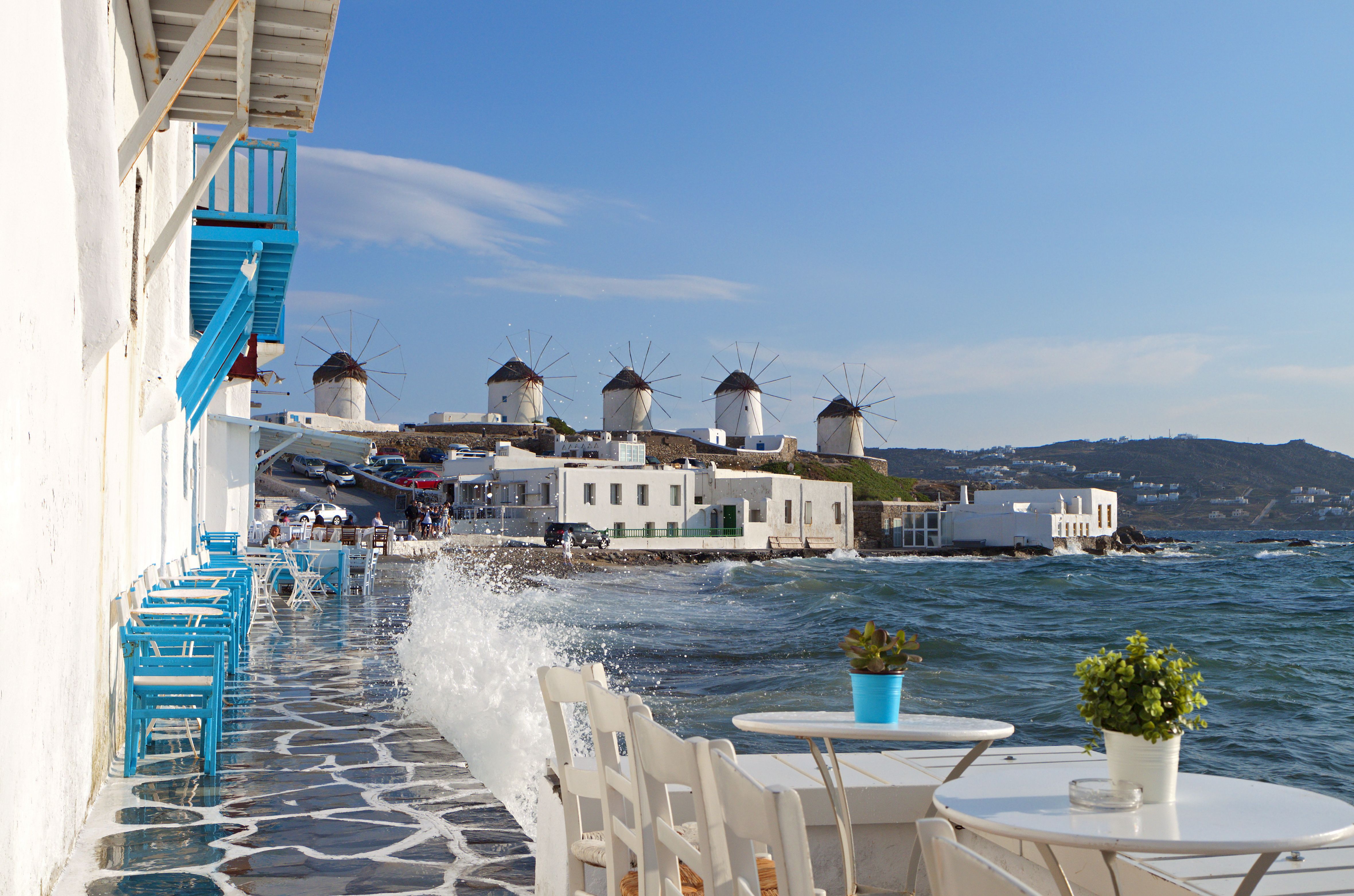 windmills along the waterfront in Mykonos