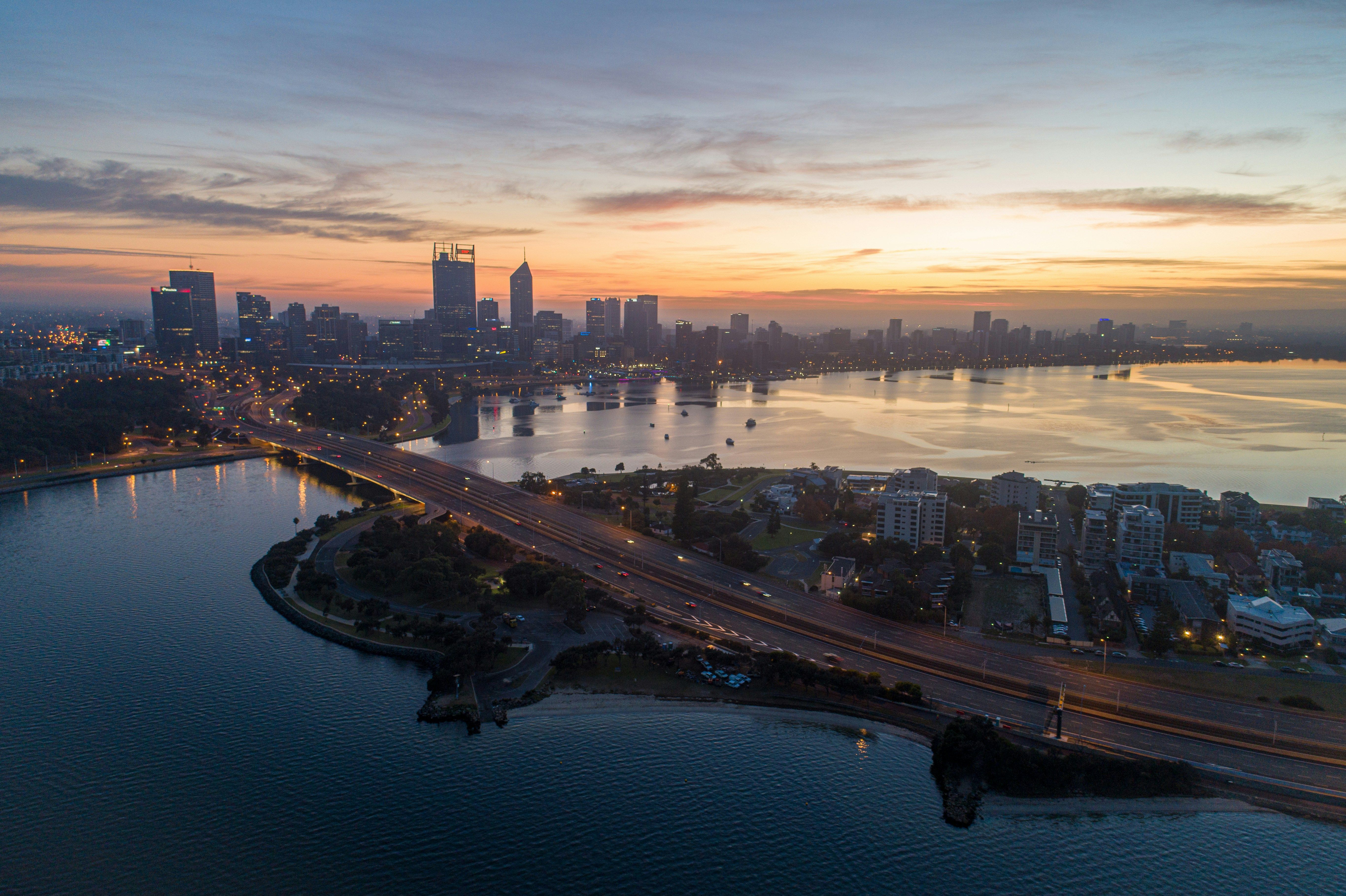 the Perth skyline at sunset