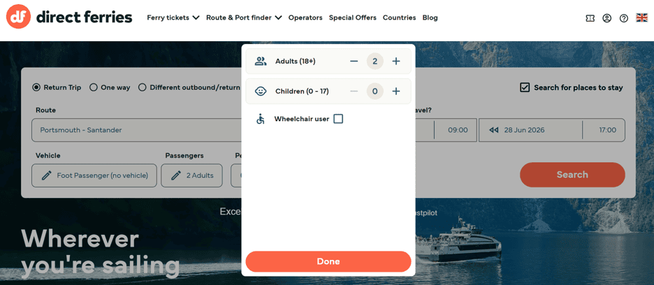 option to select wheelchair user during direct ferries booking process