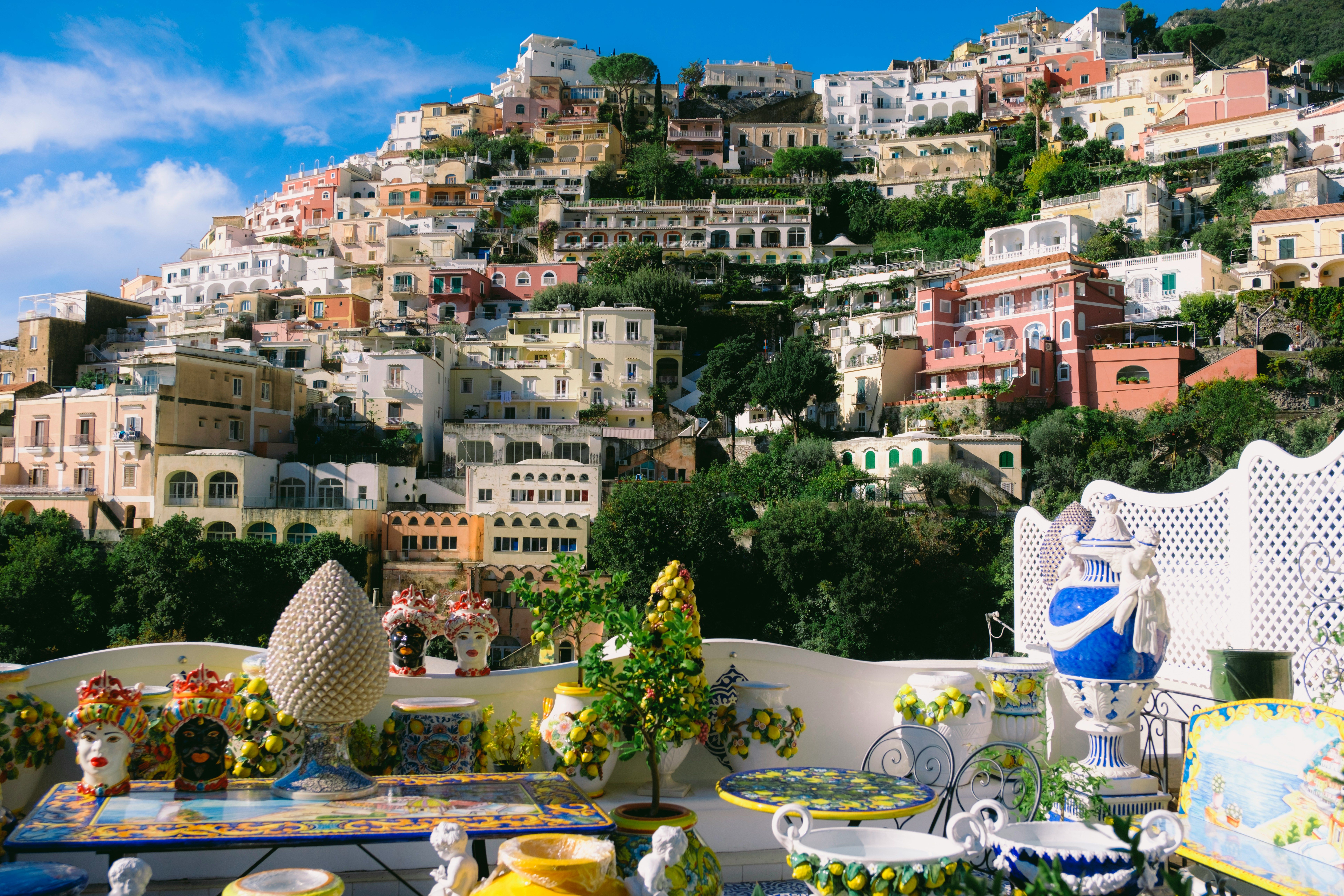 lemon tables with Positano town in the background