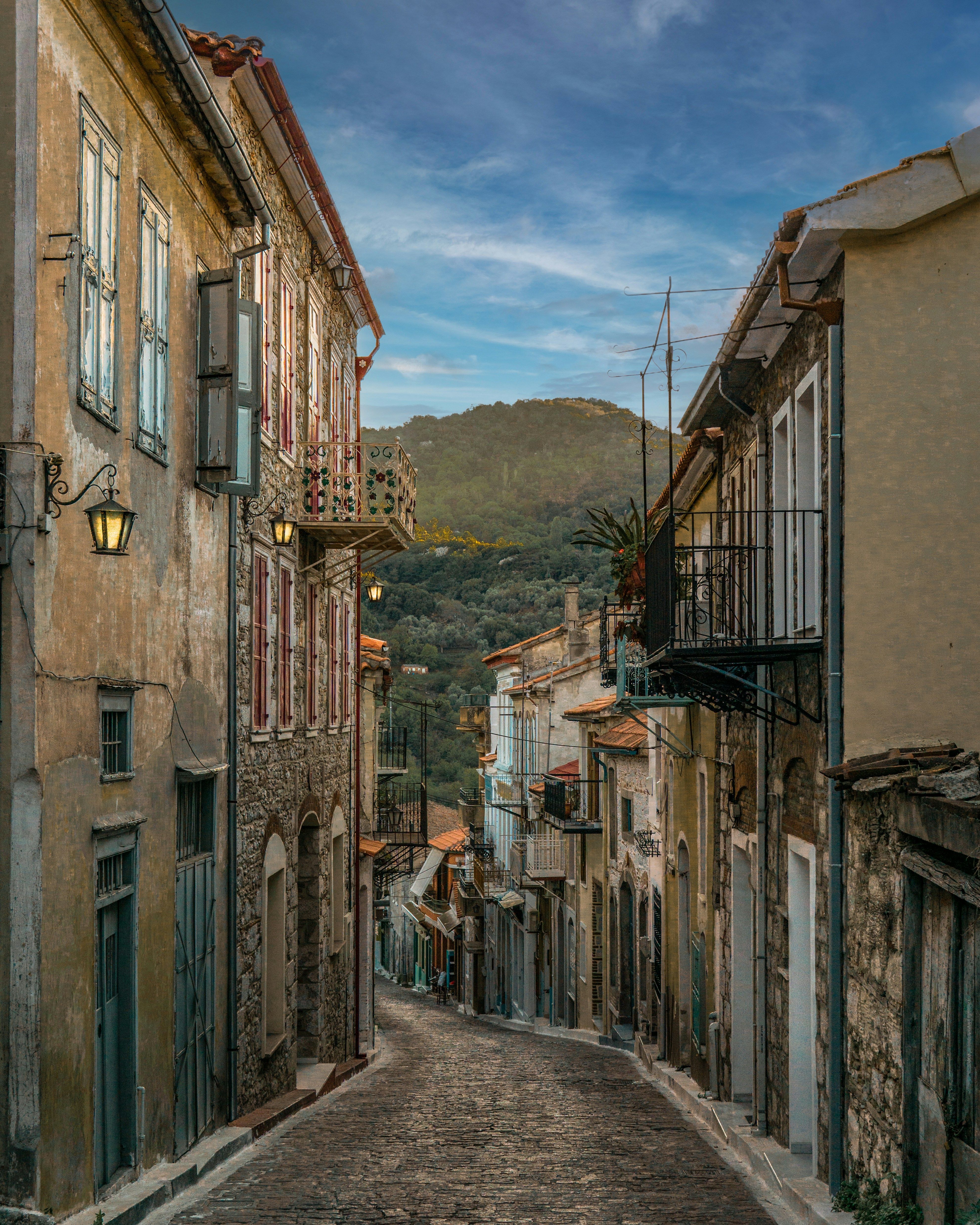 narrow cobbled street in Mytilene