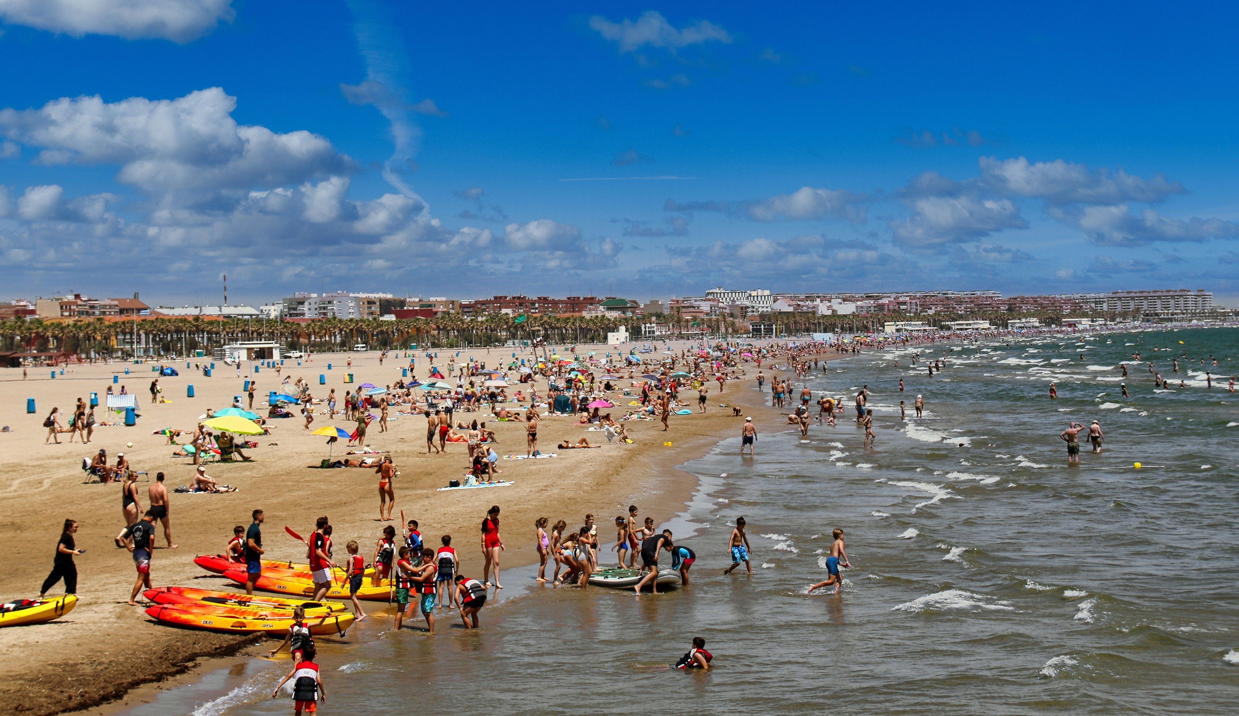 plage avec personnes faisant de la planche a voile