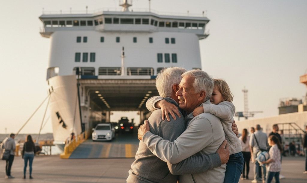 Familia abrazándose junto al ferry tras una travesía marítima.