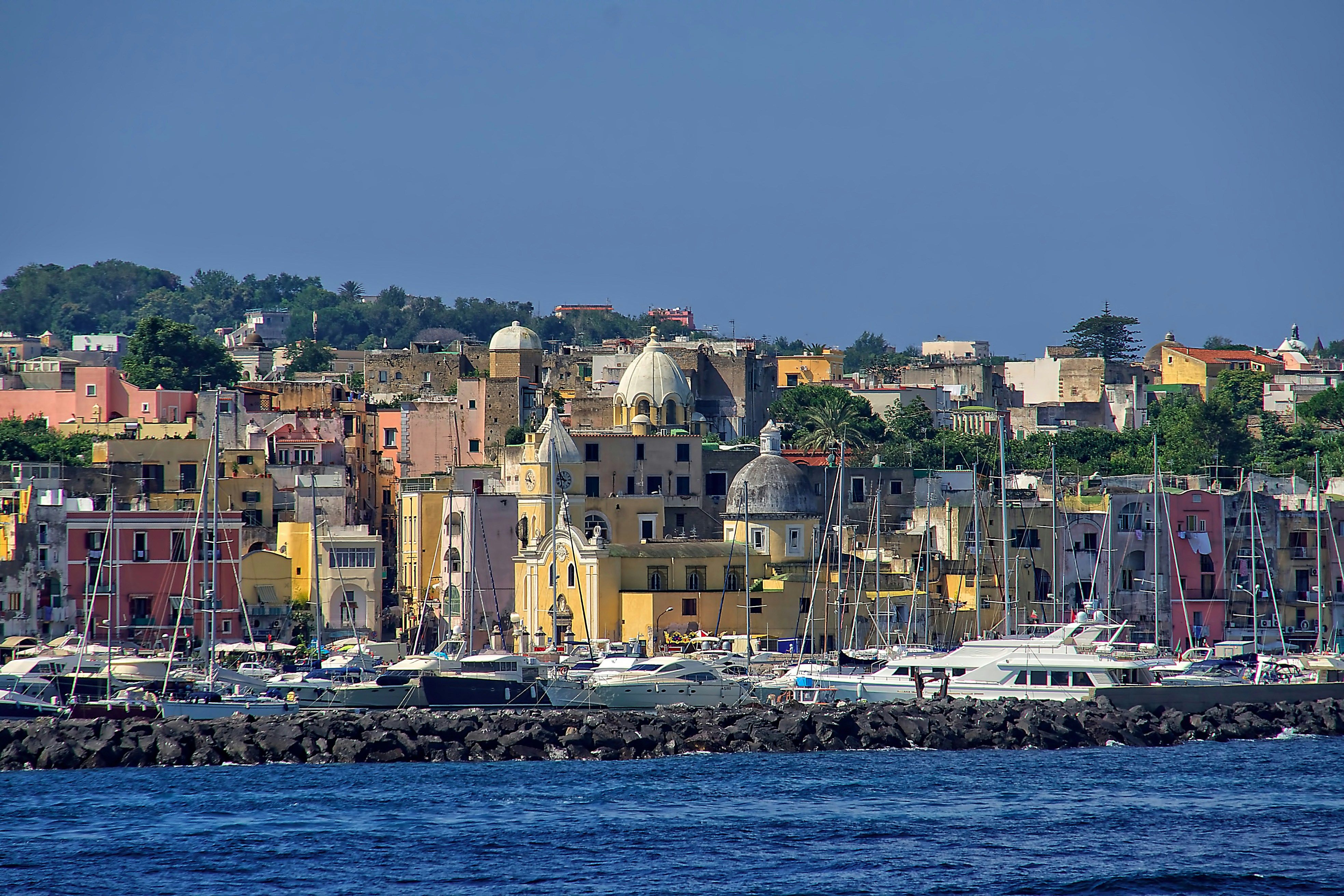 boats lined up by Ischia town