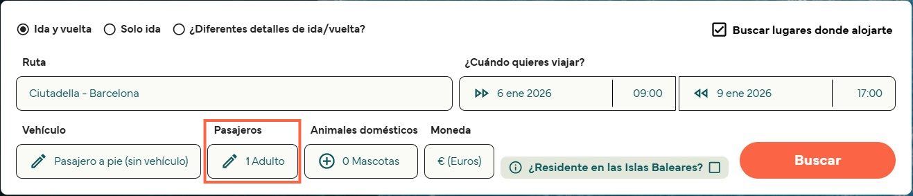 Buscador de rutas de ferry mostrando el botón “Pasajeros”, donde se configuran adultos, niños y necesidades especiales.