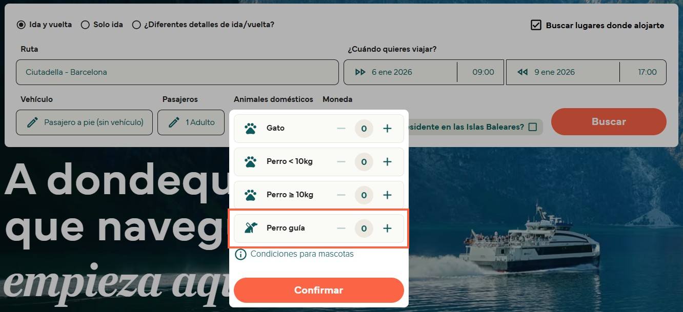 Menú de selección de animales domésticos durante la reserva de ferry con la opción “Perro guía” destacada.