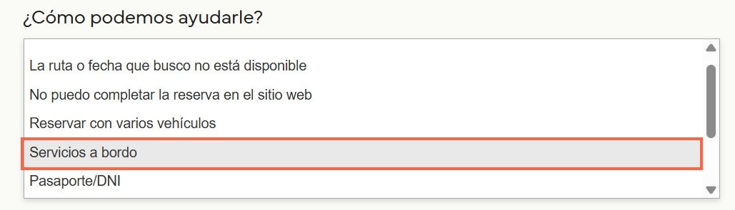 Selector del formulario de contacto donde aparece la opción “Servicios a bordo” para solicitar asistencia especial durante la travesía en ferry.