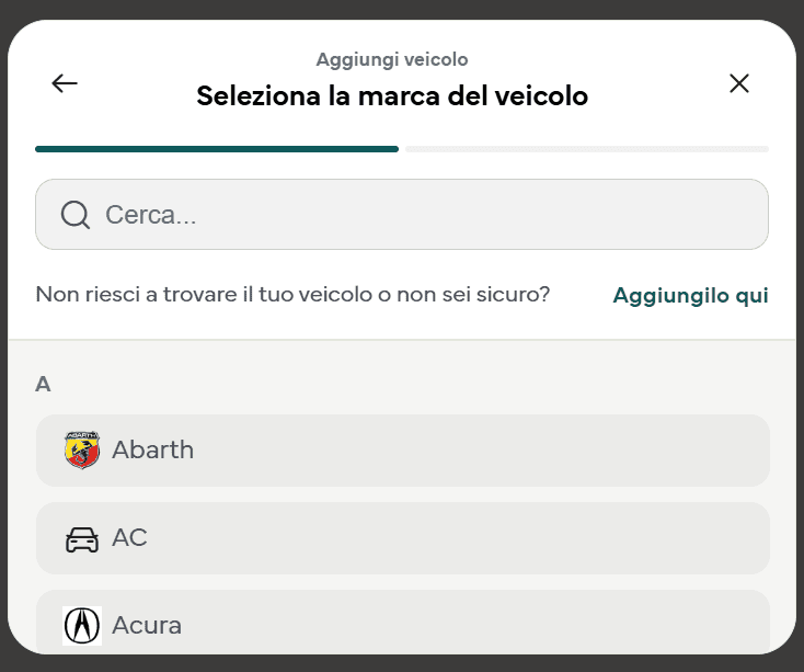 la selezione della marca del veicolo, con campo di ricerca ed elenco alfabetico