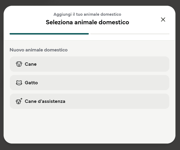 la selezione del tipo di animale, con cane, gatto e cane d'assistenza