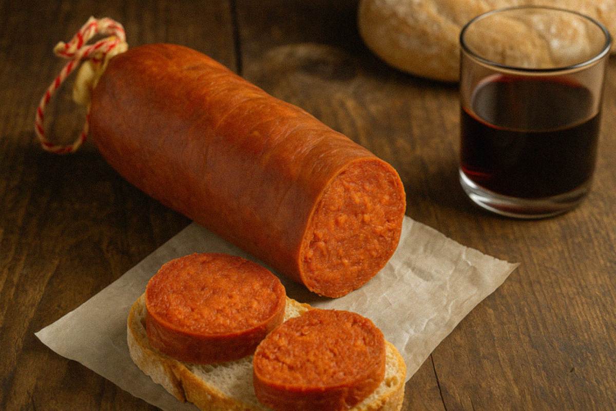 vista de la sobrasada mallorquina en una mesa con un vasod e vino