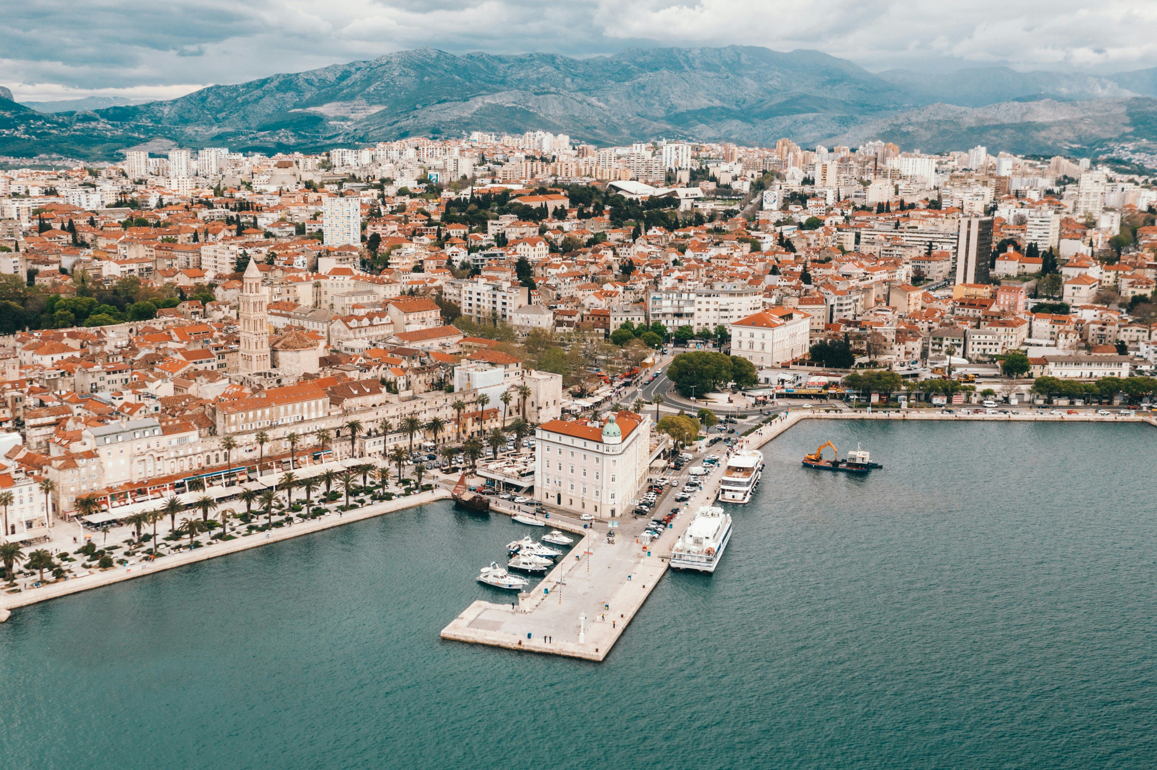 waterfront in Split with mountains behind