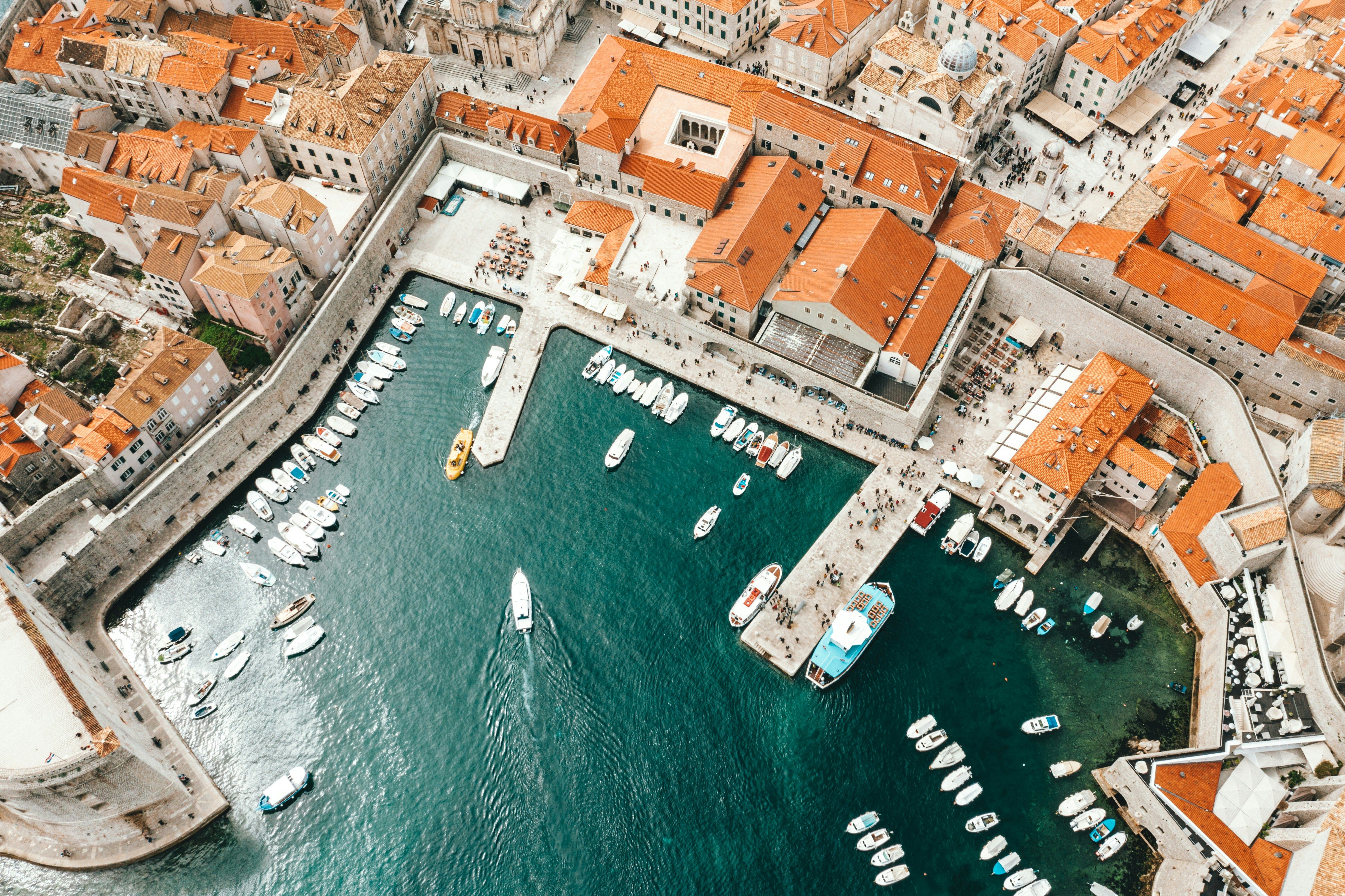 aerial view of boats docked in the port in Dubrovnik