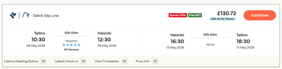 selecting a tallink silja line ferry during the direct ferries booking process