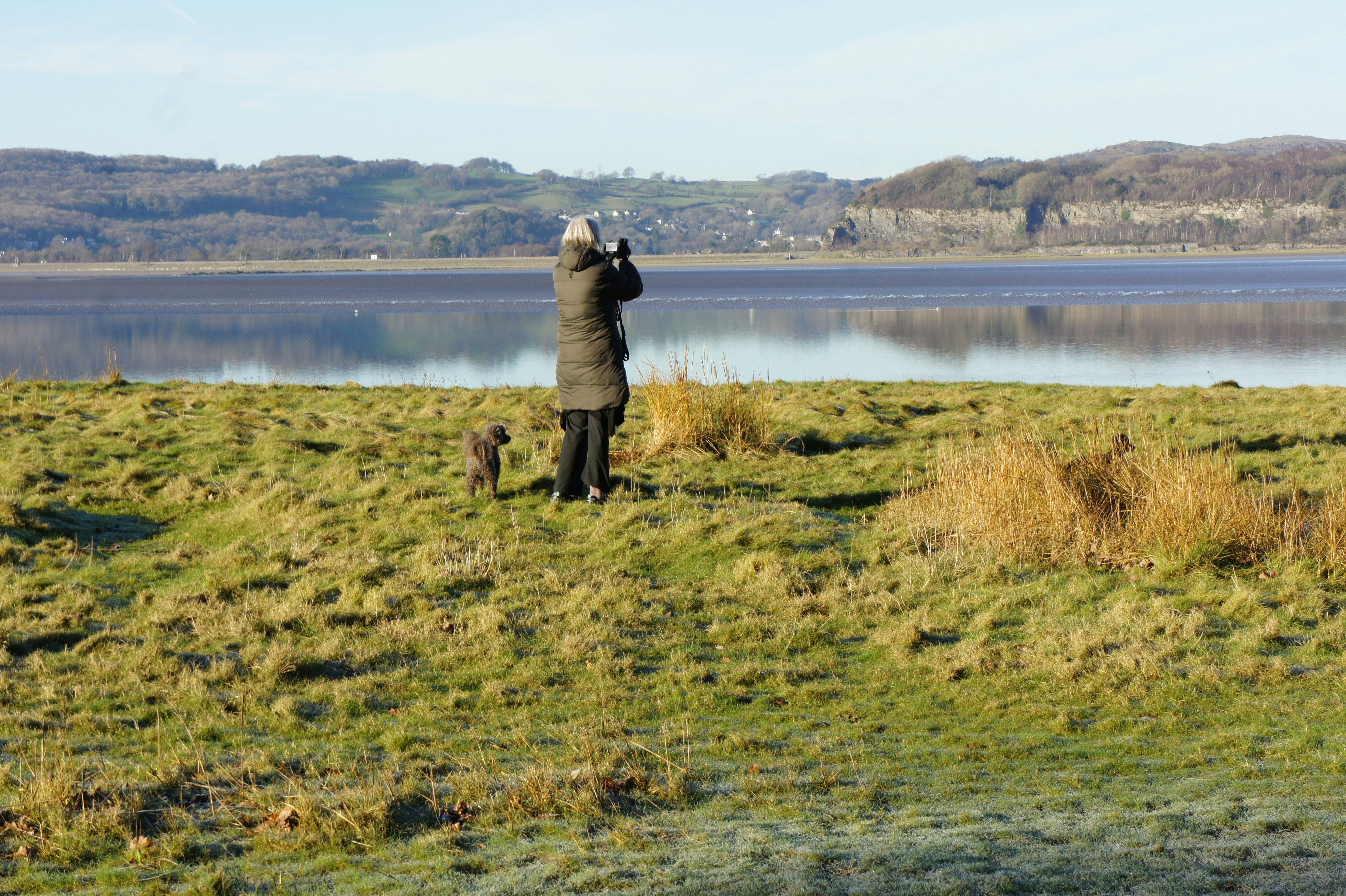 lady taking a photo of a lake with a dog by her side