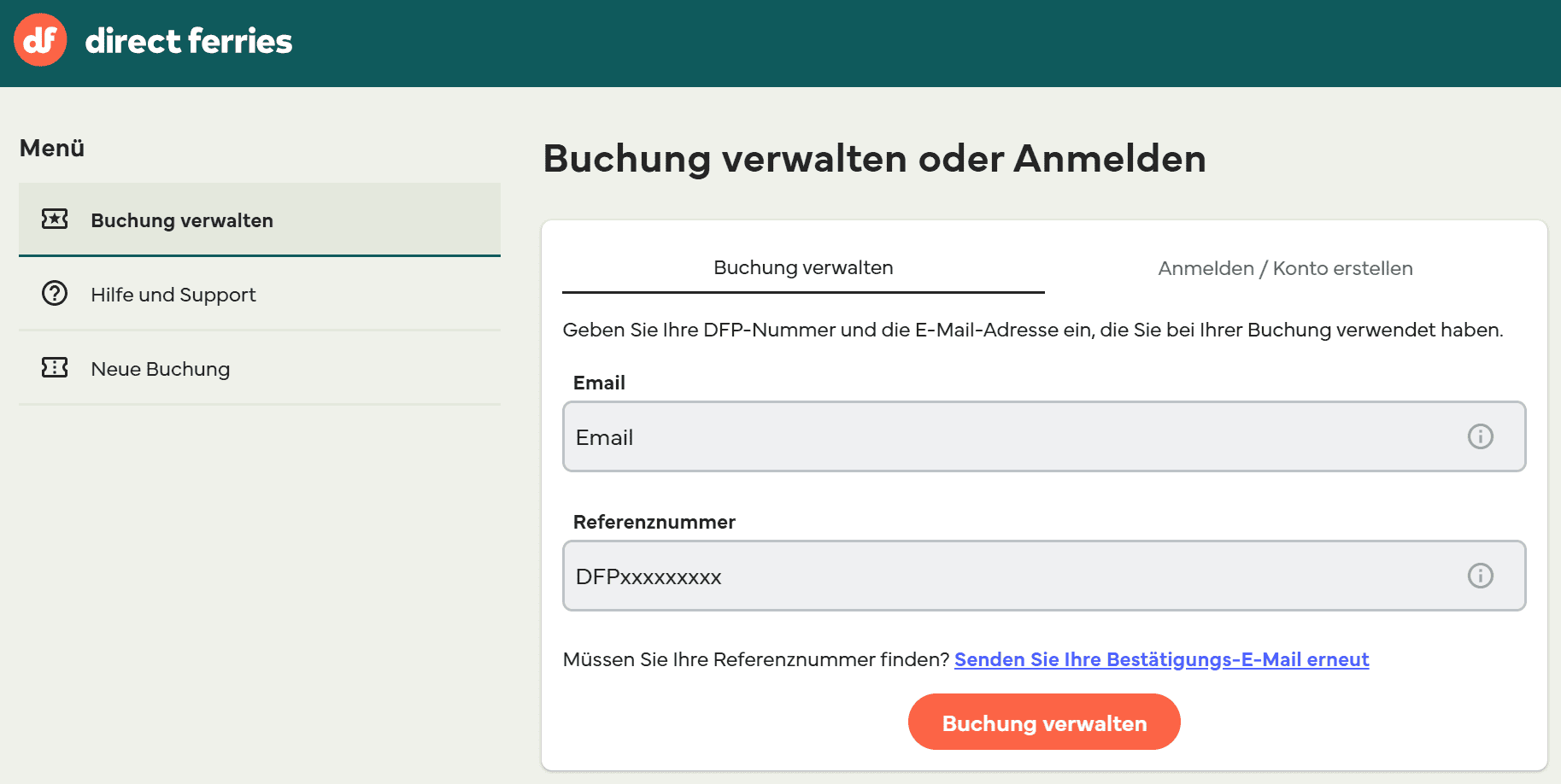 Die Seite Buchung verwalten oder Anmelden mit den Feldern für E-Mail-Adresse und Referenznummer