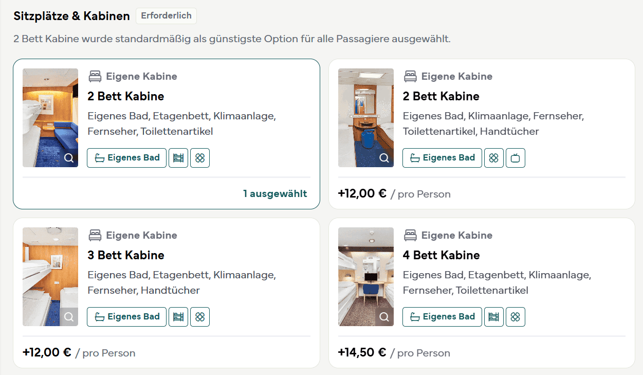 Auswahl der Kabine mit Zwei-, Drei- und Vierbettkabinen, jeweils mit Ausstattung und Aufpreis pro Person